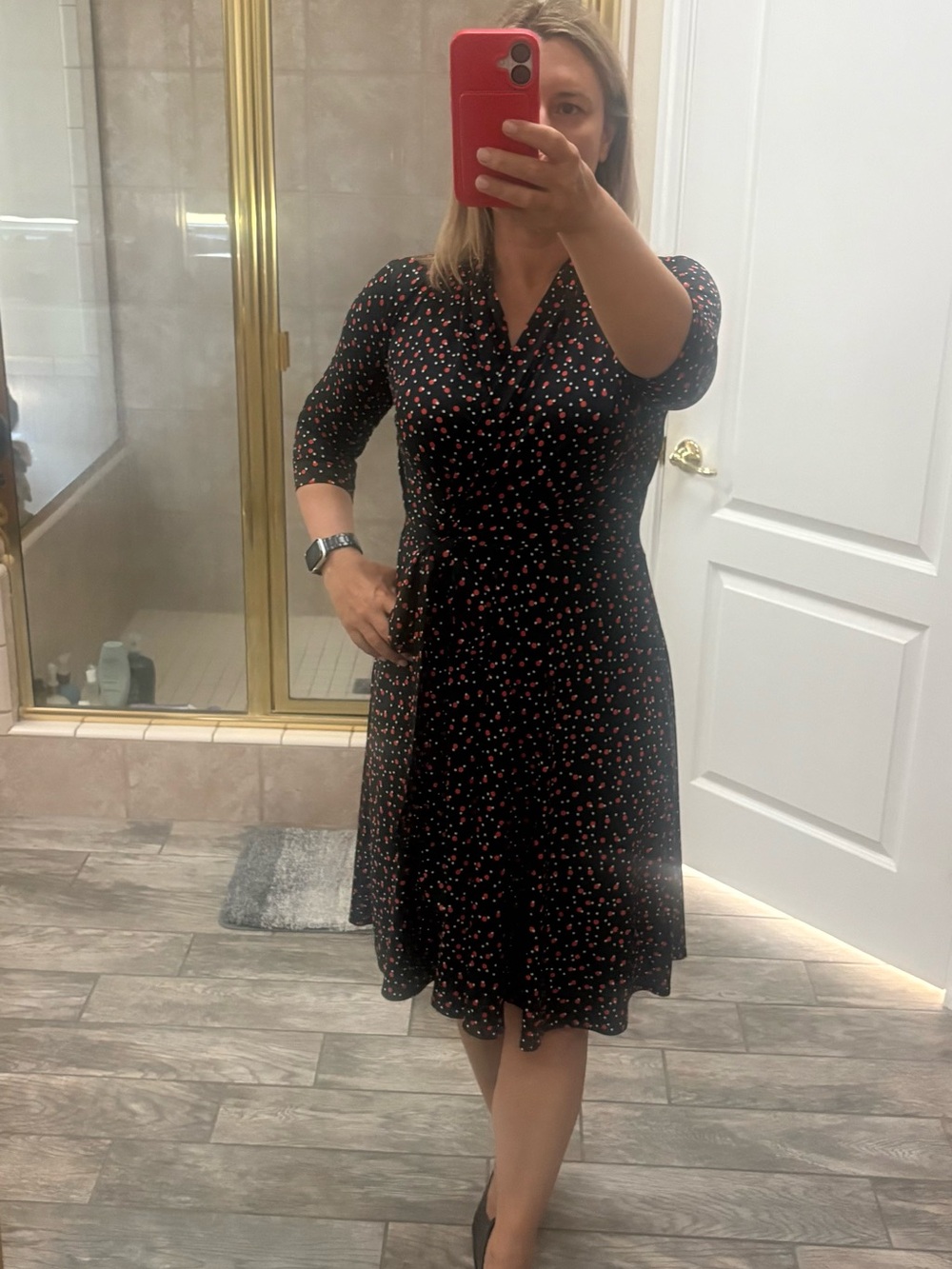 Karina Black Midi Wrap Dress with Red Dot Print